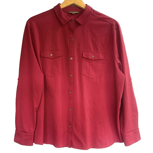 Tommy Bahama Womens Button Blouse Size XL 100% Cotton Roll Tab Casual Burgundy - Picture 1 of 11